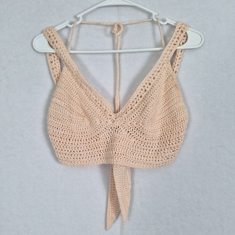 Misquided Sz 8 Crochet Knit Bralette Crop Top Festival Boho Whimsical Baby Peach